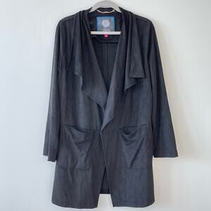 New Vince Camuto Draped Collar Knee Length Suede Wrap Trench Coat Black Size M